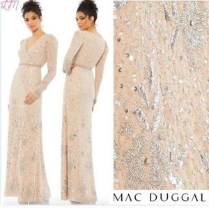 NEW $598 Mac Duggal [ 16 ] Sequin FloralEmbellished Long Sleeve Gown Nude
